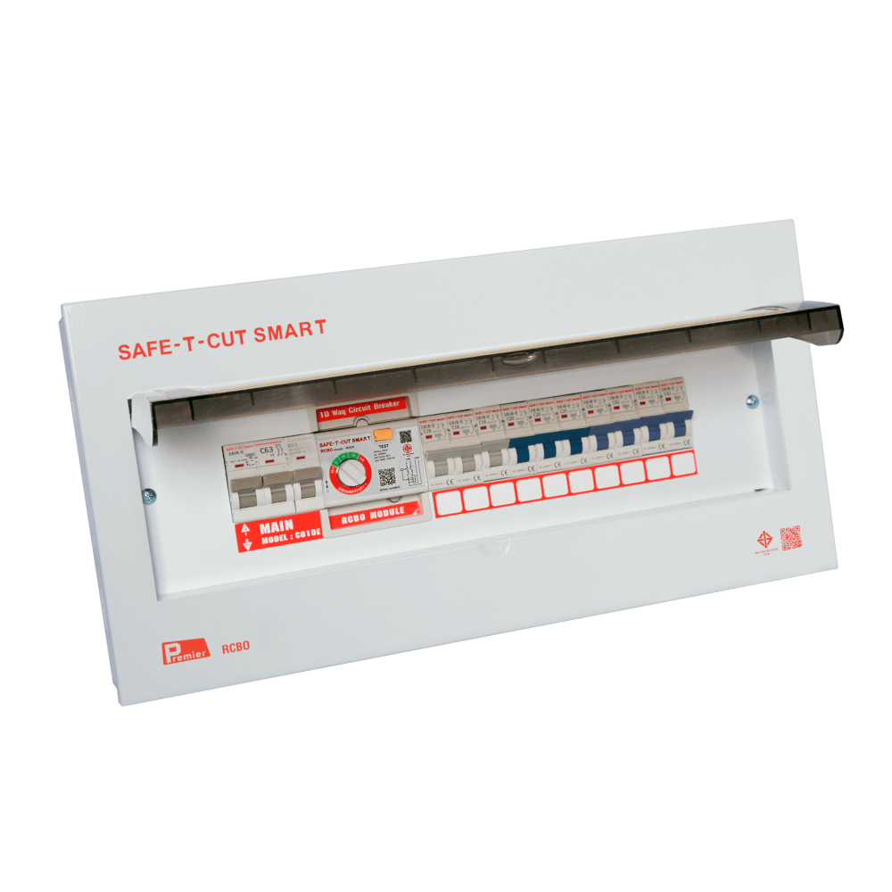 ชุดตู้คอนซูมเมอร์ 10 ช่อง เบรคเกอร์กันดูด 63 แอมป์ เซฟ-ที-คัท สมาร์ท รุ่น PREMIER RCBO